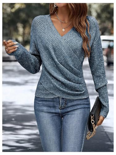 Image of SOLY HUX Women's V Neck Long Sleeve Off Shoulder Sweaters Criss Cross Wrap Ruched Pullover Fall Tops