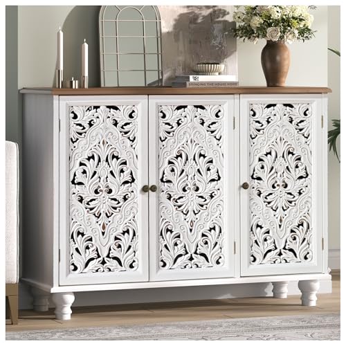 Image of Accent Cabinet with 3 Doors, Decorative Storage Cabinet with Adjustable Shelf, Carved Sideboard Buffet with Solid Wood Legs for Living Room, Entryway, Kitchen, Hallway, White