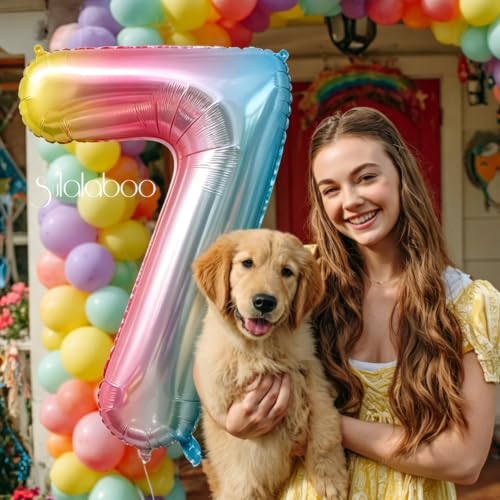 Image of Rainbow Gradient Number 7 Balloon 40 Inch Big Large Balloons 0-9 | 7th Helium Foil Mylar Number Balloons for Birthday Anniversary Party Decorations