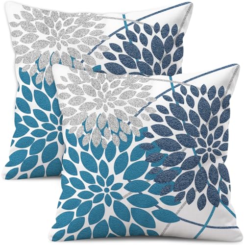 WitHero Decorative Throw Pillow Covers, Blue Silver Grey, Set of 2