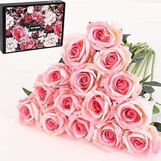 Cloudecor 15Pcs Artificial Roses Velet Real Touch Single Stem Fake Rose Silk Realistic Flowers Bridal Bouquet Arrangements Home Office Garden Grave Party Wedding Decoration (Cream White-15p)