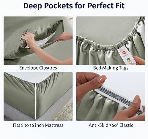 California Design Den King Percale Sheets Set - Certified 100% Egyptian Cotton, Lightweight & Crisp Percale King Bed Sheets Egyptian Cotton Set, Deep Pocket Luxury Bedding (Sage Mist - Grey Tone) - Thumbnail 4