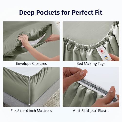 Image of California Design Den King Percale Sheets Set - Certified 100% Egyptian Cotton, Lightweight & Crisp Percale King Bed Sheets Egyptian Cotton Set, Deep Pocket Luxury Bedding (Sage Leaf)
