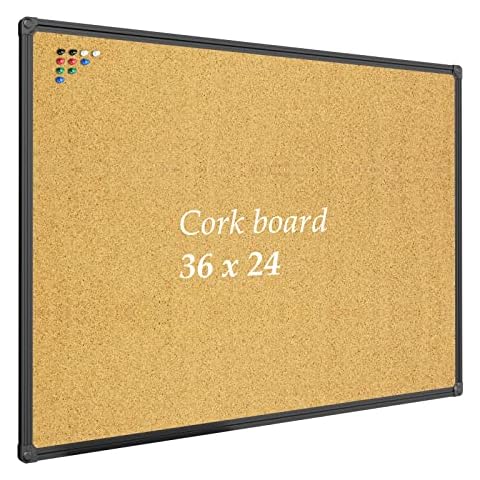 JILoffice Corkboard Bulletin Board 36 x 24 Notice Board, Black Aluminum Frame Wall Mounted Board for Office Home and School with 10 Push Pins Cover