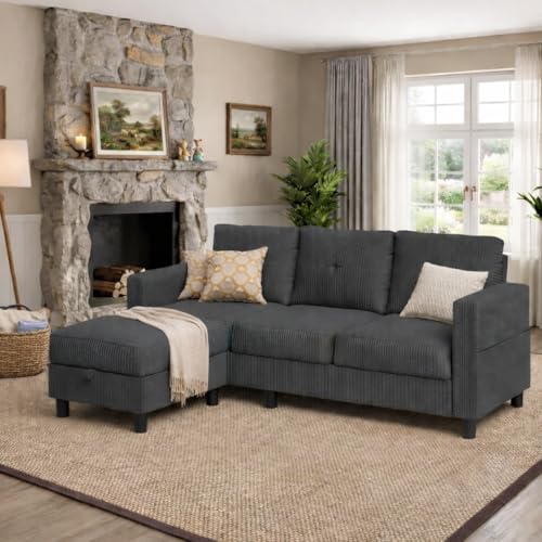 JAMFLY Convertible L-Shaped Sectional Sofa with Reversible Storage Ottoman, 3-Seat Couch with Side Pockets, Modern Compact Furniture for Small Apartments, Studios & Lofts, Grey
