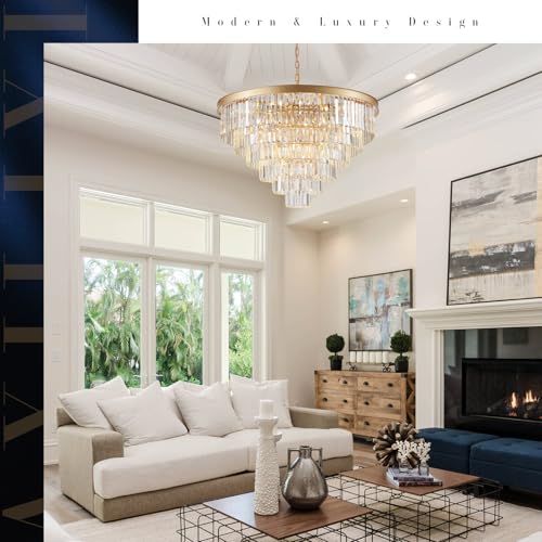Image of Modern Gold Crystal Chandelier 35 inchLarge Chandeliers for High Ceiling Foyer