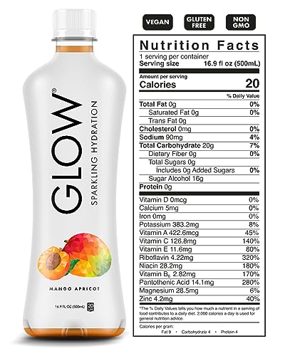 GLOW Sparkling Hydration Drink 16.9oz 12 Pack – Sugar Free Low Calorie All Natural Antioxidant & Vitamin Infused Electrolyte Flavored Water (MANGO APRICOT)
