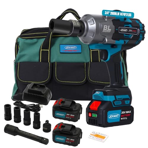 20V MAX Cordless Impact Wrench Kit - 1474 Ft-lbs, 6 Speed Modes, 3/4 Hog Ring, 2 Batteries, Charger, Sockets, Bag - JOVANT