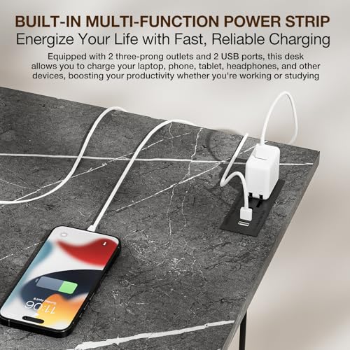 Image of TEMI Small Computer Desk Folding Table - No Assembly, Compact 55.1 inch Foldable Desk with Power Outlets & USB Charging Port, Portable Small Office Desk, Ideal Mini Study Table, Marble Greige