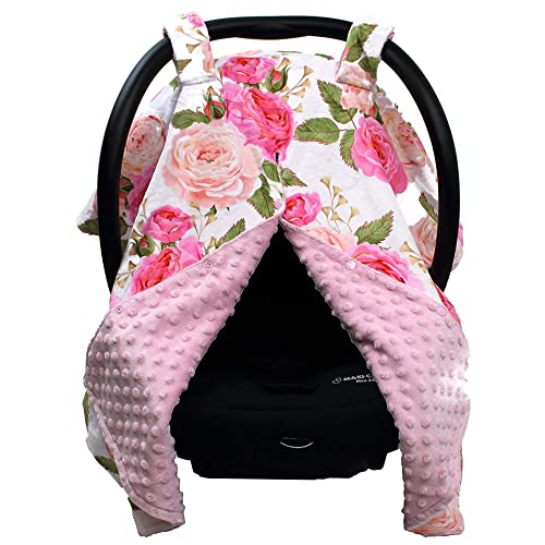 Image of Dear Baby Gear Car Seat Cover for Boys & Girls - Baby Carseat Canopy w /Snap Opening - Infant Seat Cover - Stroller & Nursing Covers - Newborn Carrier Canopy - 40x30 (Pink Rose - Pink Dot)