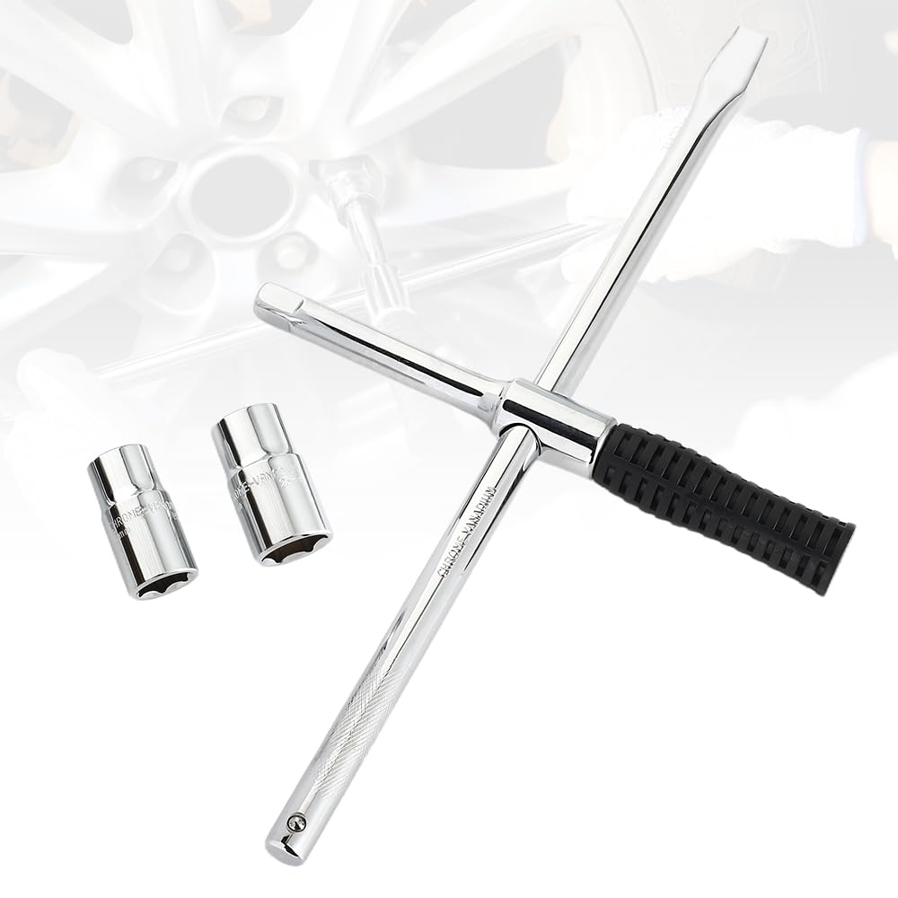 Hoteche Llave combinada para tuercas de rueda, llave cruzada – Varilla CRV, acero al cromo vanadio, 17 x 19 y 21 x 23 tuercas, incluye bolsa de tela Oxford 600D, herramienta profesional de cruz para