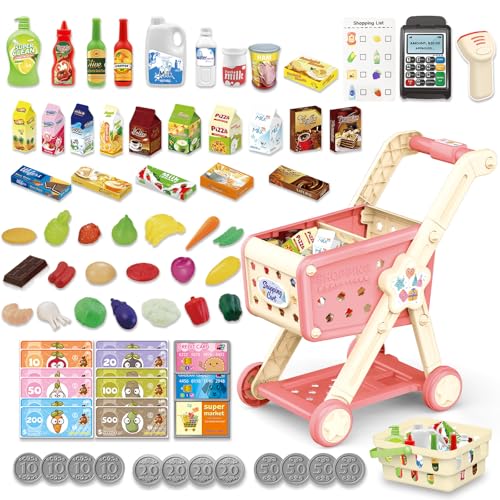 RedCrab Kids Shopping Cart,75PCS Toy Shopping Cart Playset with Food Shop Accessories, Adjustable Shopping Cart Arm,Shopping Basket Grocery Store Games for Ages 3 4 5 67 8+ (Red)