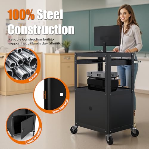 Image of Steel Large AV Cart with Extra Storage - Adjustable Height Cart with Locking Cabinet, Pullout Tray, Power Strip, and Cord Management - Holds 300 lbs and Easy to Assemble (24'' x 18'' x 42'')