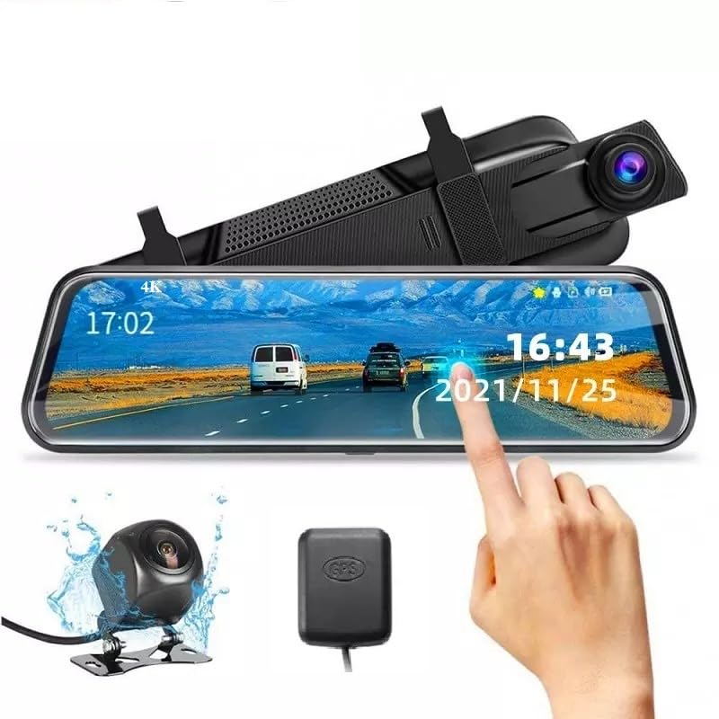 FNX 10' IPS Touch Screen Mirror 4K Dash Cam for Car with Dual Camera Recording Front and Rear | WiFi...