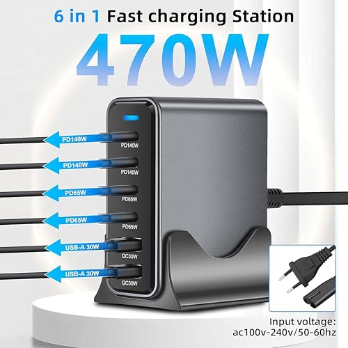 Image of MX 470W USB C Charging Station 6-Port Charging Adapter,140W Multi-Port USB Charging, GaN Ⅲ PD PPS Fast Charging Station for Multiple Devices,Laptop,MacBook, DELL, iPad, iPhone