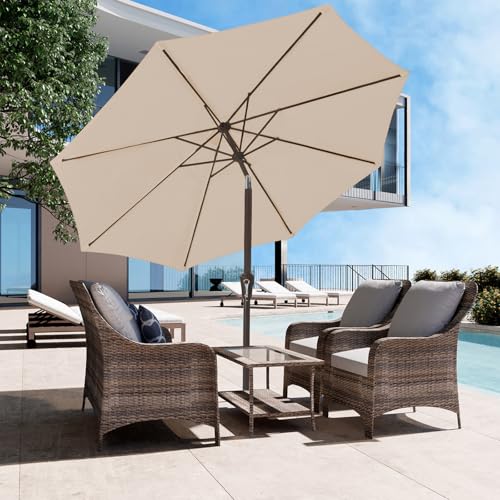Image of JEAREY 9FT Outdoor Patio Umbrella Outdoor Table Umbrella with Push Button Tilt and Crank, Market Umbrella 8 Sturdy Ribs UV Protection Waterproof for Garden, Deck, Backyard, Pool (Cream Beige)