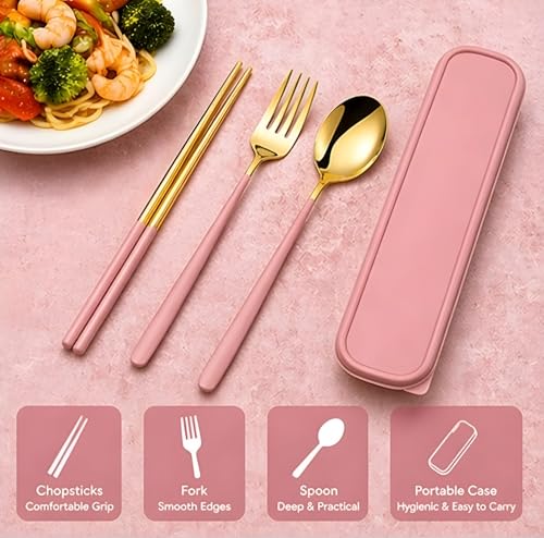 Image of 3 Piece Premium Gold Stainless Steel Chopsticks Fork Spoon Set with Travel Case Non-Slip Dinnerware Cutlery Set Tableware Set for Gift (Gold Pink)