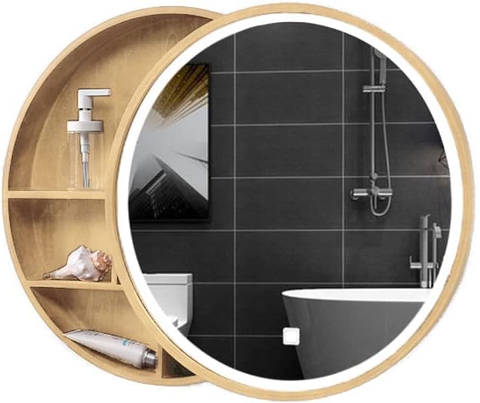 Bathroom Cabinet,Solid Wood Sliding Bathroom with Light Smart Anti-Fog Storage Toilet Vanity Cabinet Wall Mounted Round Mirror,Wood Color-70cm