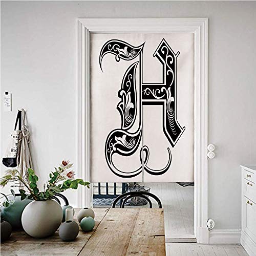 文字H 目隠し キッチン 玄関 のれん 幅72cm×丈120cm ロココ調の魔術師Hは 洗面所 間仕切り リビング 飲食店 出入り口 古代文学の言語テーマに影響を与えますモノクロ