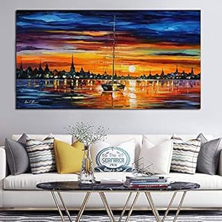 SUPWALS Tela Pittura Moderna Tavolozza Coltello Vista Mare Barca A Vela Pittura A Olio Quadri Murali per Soggiorno Complementi Arredo Casa Senza Cornice