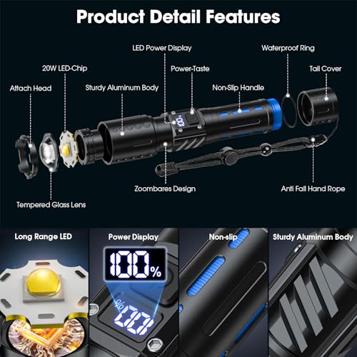 Lampe de poche rechargeable 2000 lumens torche tactique LED - 6
