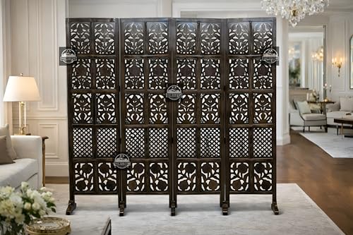Image of Wooden Room Divider Screen, Carved,Decorative Handcrafted Privacy Screen Separator Wall Divider | Folding Partition with Floral & Jaali Design (Brown, 4-Panel)