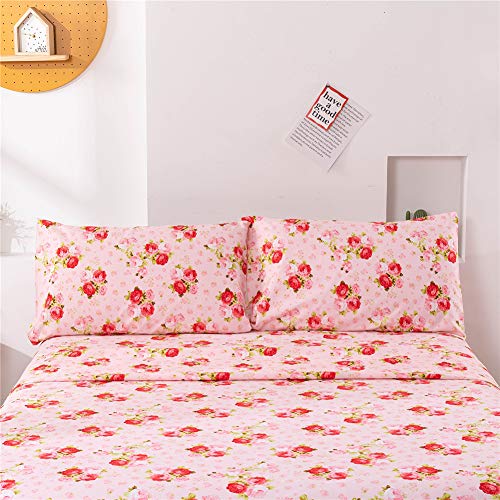 Meishang Full Pink Floral Ultra Soft 100% Microfiber- 16 Inch Deep Pocket Comfortable Rose Pattern Printed Sheet Set - 4 Pieces Rose Flower Full #TOP2