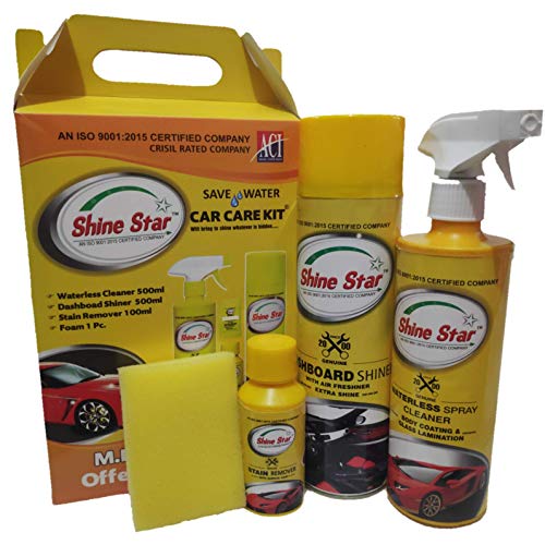 Image of Shine Star Car Care Kit (Pack of 4, Includes, Dashboard Shiner, Waterless Cleaner, Stain Remover & Soft Sponge)
