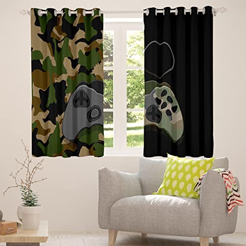 Gamer Curtains Camouflage Gamepad Printed Window Curtains Army Green Video Games Decor Player Gaming Window Drapes For Adult Girls Kids Teens Boys Living Room Bedroom Curtain Panels,2 Panels 42"X84" #TOP4