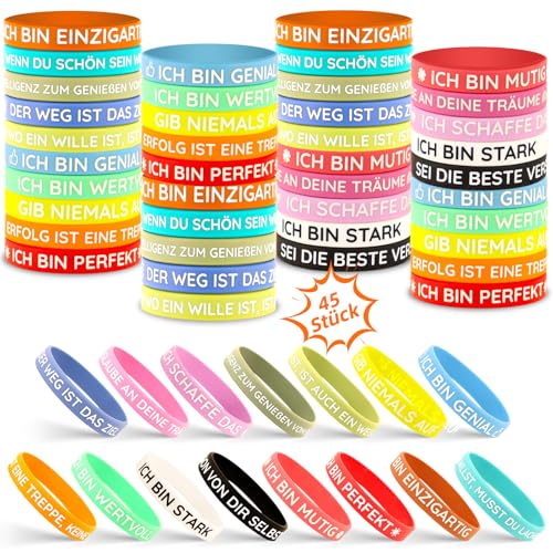TUZELIYA 45 Stück Motivationsarmbänder Deutsch (20,5cm, 15 inspirierenden Sprüchen) - Mutmacher Mitgebsel Geschenk für Kinder, Schulkind, Kollegen, Einschulung, Geburtstag, Abschied