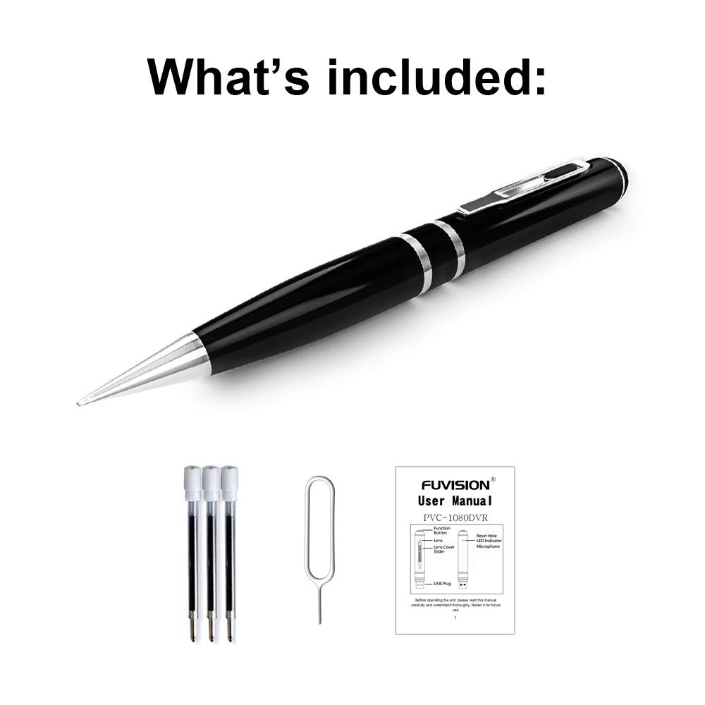 Contents included with the Fuvision Spy Pen Camera: pen, refills, USB cable, and user manual