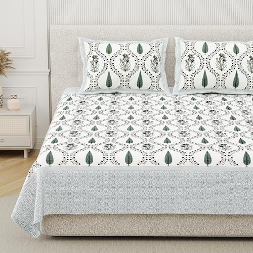 Image of DE CAMA Since 1997 | 100% Cotton 300 TC Premium Super King Size Bedsheet for Double Bed (108 x 108 Inch) with 2 Pillow Covers Set (17 x 27 Inch) Hand Block Printed Bedsheet Set - Floral Green