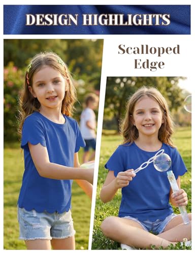Image of Noomelfish Girls Short Sleeve Scalloped Edge T-Shirts Casual Cute Summer Tee Tops Blouse (5-12 Years)