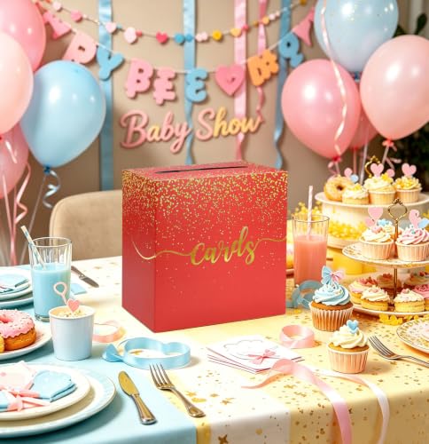 Image of FALIZIFU Red Wedding Card Box with Gold Foil Red Gift Card Holder Box for Party Wedding Reception Graduation Birthday Baby Shower Retirement Cardboard Envelope Raffle Box with Slot
