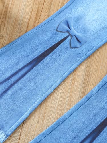 Image of Floerns Girl's 2 Piece Outfit Puff Long Sleeve Tee Flare Leg Denim Pants Set Blue and White 10Y