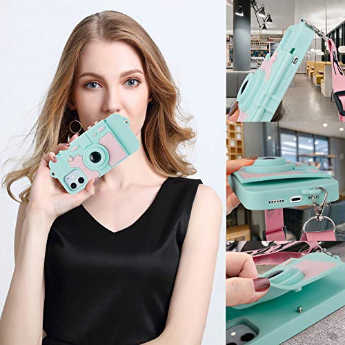 Awsaccy Compatible With Iphone 12 Mini Case Cute Card Wallet Holder For Women Girls Cool Camera Design Kickstand Girly Luxury Phone Case 3D Silicone Cover With Crossbody Strap Lanyard Blue #TOP4