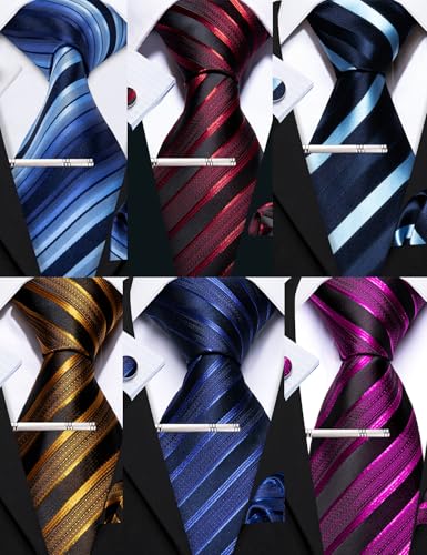 Image of Barry.Wang 6 PCS Men Ties Set Silk Business Fashion Woven Necktie Handkerchief Cufflinks Paisley Stripe Wedding Party