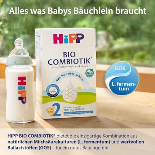 HiPP 2 Bio Combiotik (4 x 600g), Folgemilch nach dem 6. Monat, OHNE STÄRKE, mit natürlichen Milchsäurekulturen, Vitamine C und D, GOS, Omega-3 (DHA, ALA), in bester Bio-Qualität