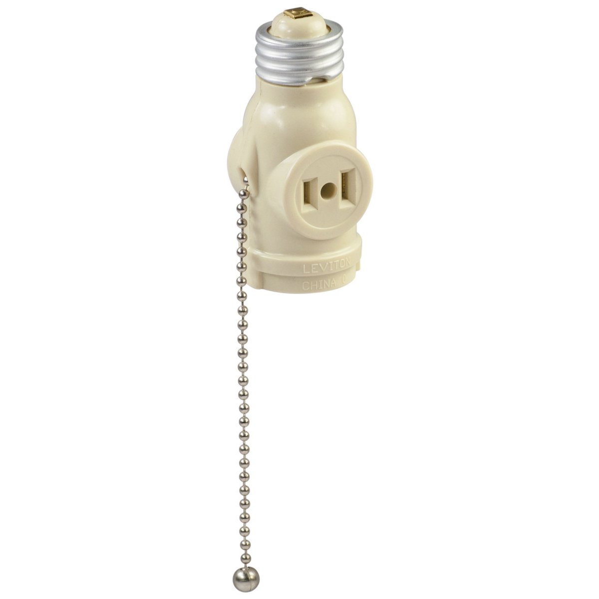 Leviton 1406-I 660 Watt, 125 Volt, Two Outlet with Pull Chain Socket Adapter, Ivory