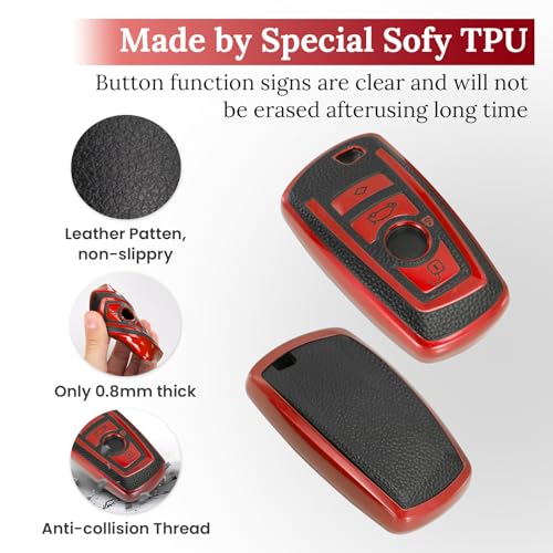 Image of Key Fob Cover for BMW, Leather-Style Keychain Tab Cover, Red
