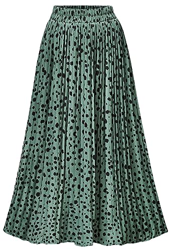 Basoteeuo Pleated Skirts for Women Midi Length Trendy Summer High Waisted A Line Long Skirt Leopard Green XL