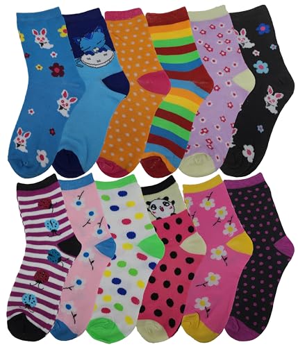 Different Touch 12 Pairs Pack Kids Girls Colorful Creative Fun Novelty Design Crew Socks4