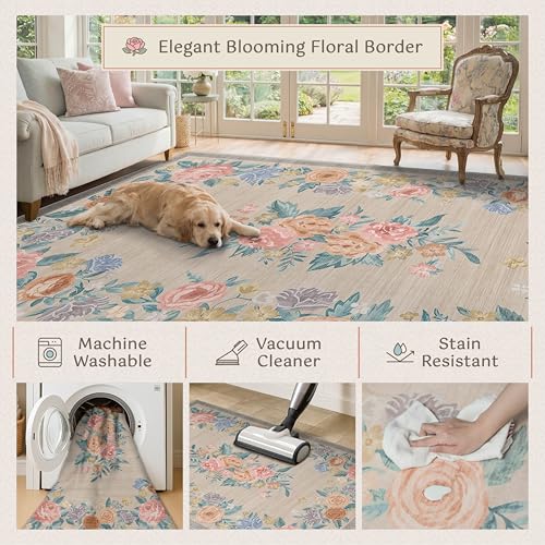 Tapete decorativo floral beige lavable 3x5 pies miniatura 4