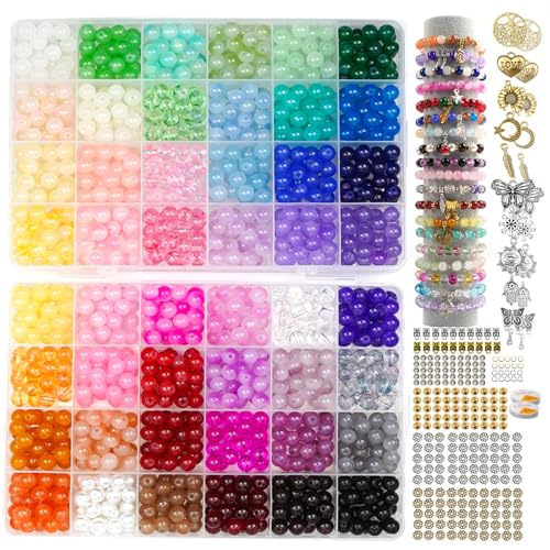 Hanyoung 8mm Glass Beads for Bracelet Making kit,96 Colors 2900 pcs Crackle Beads and Metal Spacer Beads/Pendant for Jewelry Making, Friendship Bracelet kit for DIY Gifts (Solid & Crackle Color)