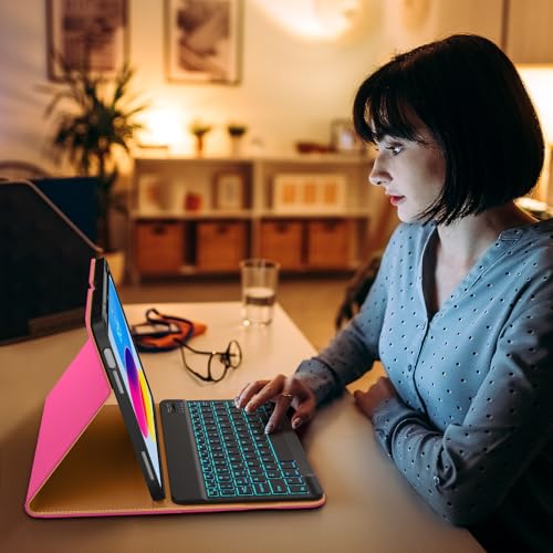 Image of DTTO for iPad 11th (A16) / 10th Generation Case with Keyboard (2025 /2022), 7 Colors Backlit Wireless Detachable Keyboard Leather Folio Cover with Pencil Holder & Pocket, Rose Red