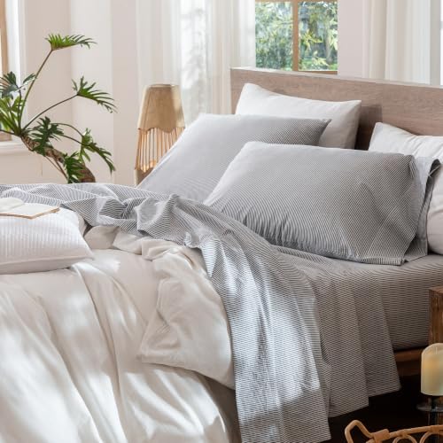 Image of MooMee Striped Sheet Set 100% Washed Cotton Linen Like King