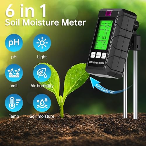 Image of 6-in-1 Moisture Meter, with Soil Moisture /PH Meter /Temperature /Sunlight /Fertility /Environmental Soil Tester for Farming, Gardening, Lawns (2*AAA Battery Needed) Under Cabinet Lights Wireless