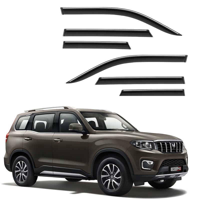Image of CAR SAAZ Side Door Visors for Scorpio 2022(Set of 6Pcs) | Chrome Lined Rain Guards, Polycarbonate, Smoke Finish