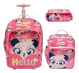 Kit Puket Panda Romântico: Mochila Com Rodinha Grande + Lancheira Térmica + Estojo Triplo Puket