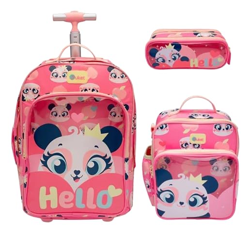Kit Puket Panda Romântico: Mochila Com Rodinha Grande + Lancheira Térmica + Estojo Triplo Puket